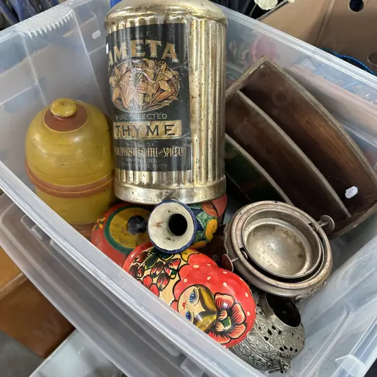 Lidded bin plus Russian doll, lamps, decorative items etc.
