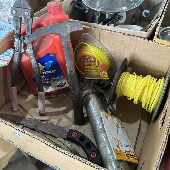 Transmission fluid, Greece gun, bolt cutters, Estwing hammer etc.