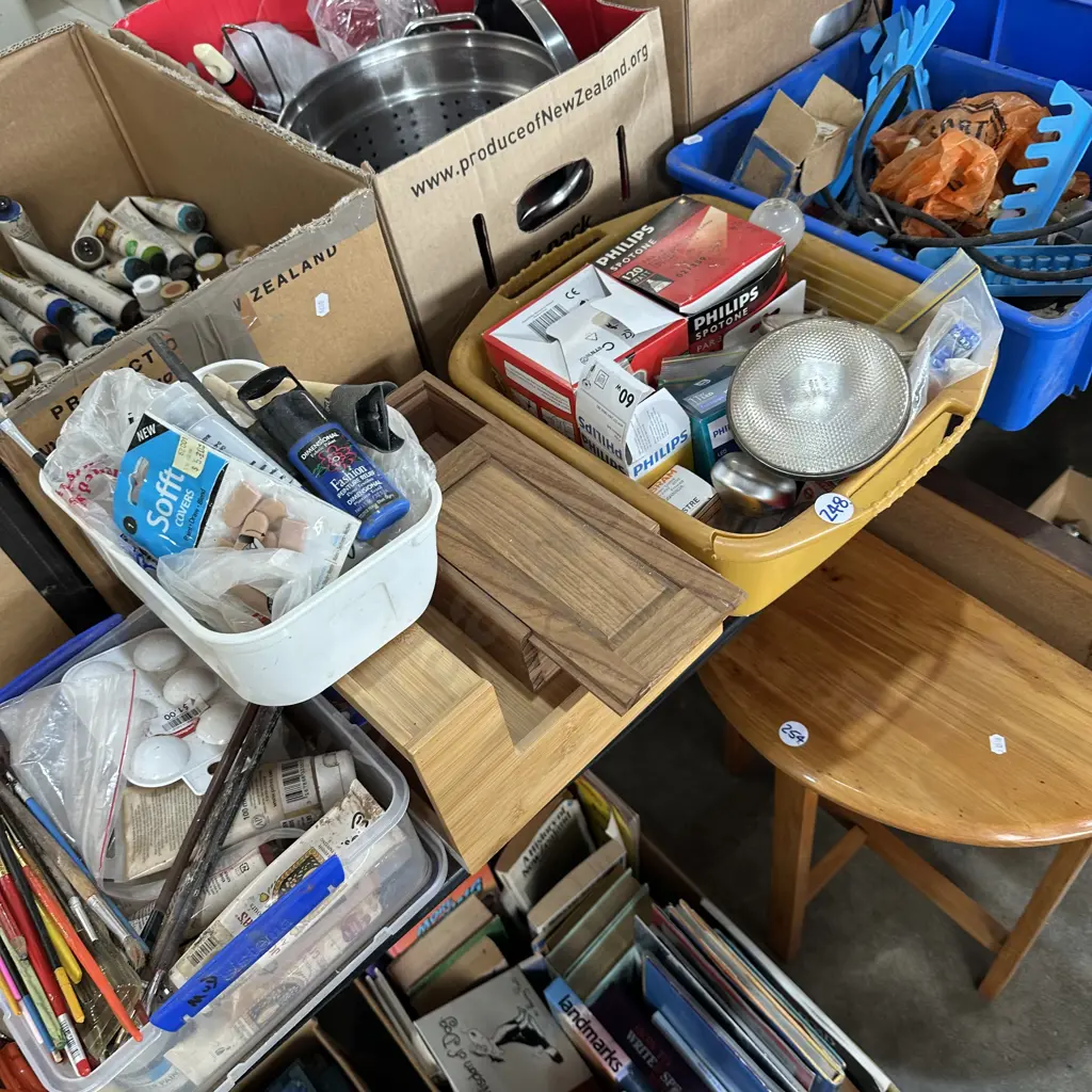 Large lot, paints, light bulbs, wooden box and Bronze slotted woodscrews etc. Image 1++