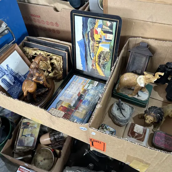 Two boxes binoculars, placemats, elephant ornament etc.