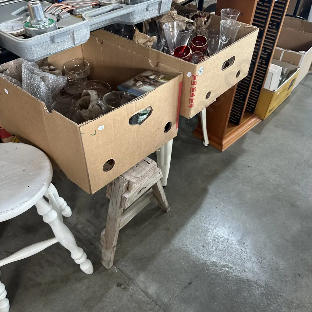 Two stools plus short saw horse, two boxes of glasses and CD stand. Image 1++