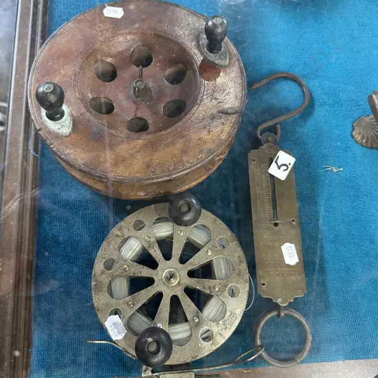 Salter No3 pocket scales, large wooden Eton Sun reel & Captain reel USA