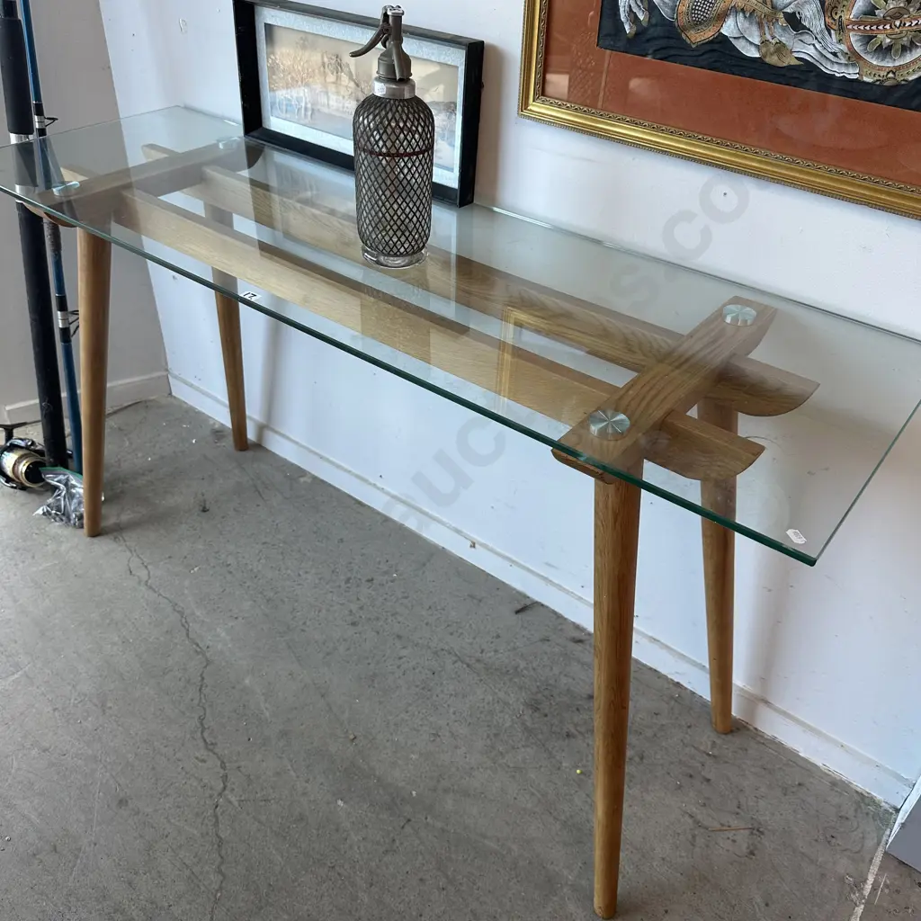 Oak base, glass top hall table 1400mm Image 1++
