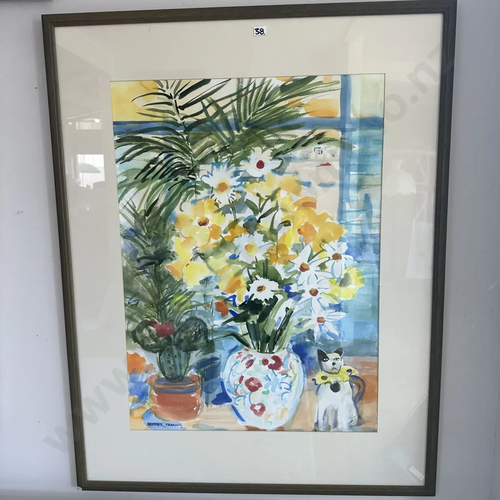 Heather Francis water colour painting 730 x 530 "Mixed flowers & toy dog" Image 1++