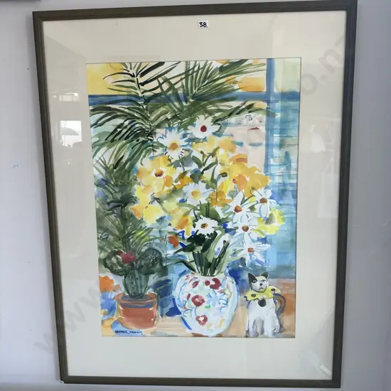 Heather Francis water colour painting 730 x 530 "Mixed flowers & toy dog"