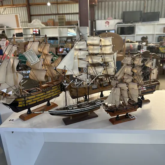 5 x wooden model ships plus limited ed print of Nelsons ships