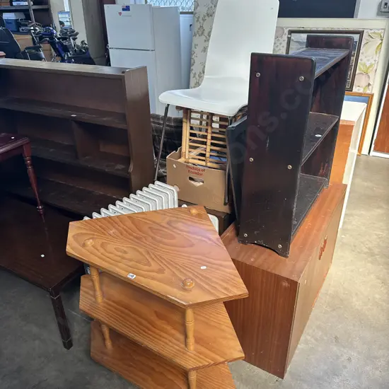 corner shelf, 2 heaters, bookshelf, chair etc