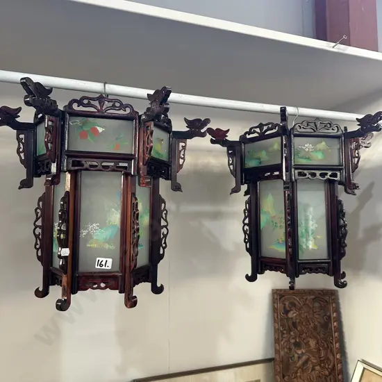 Pr of Asian wooden carved hanging lanterns
