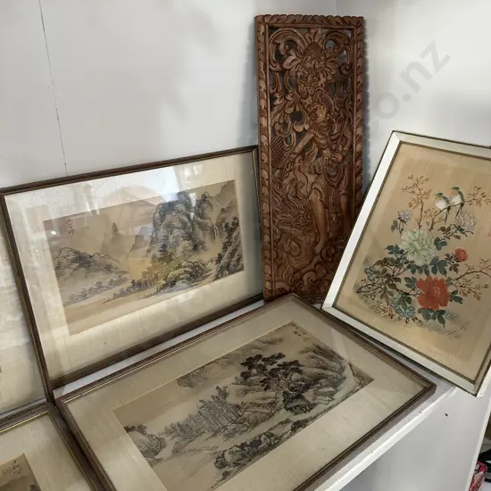 set 4 oriental silks from John leech gallery plus colored silk and wooden carved panel