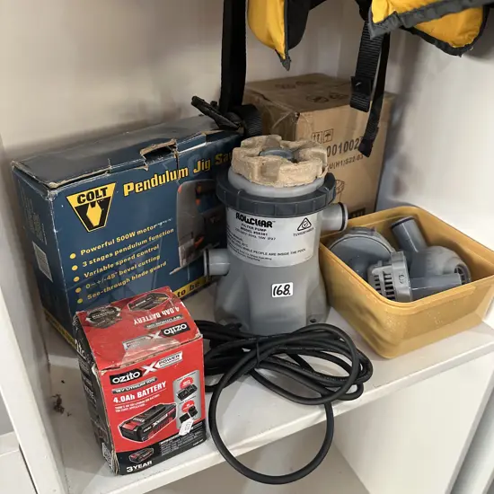 filter pump, battery and jigsaw