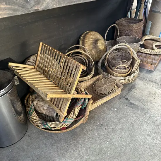 large lot basket ware plus peddle bin.