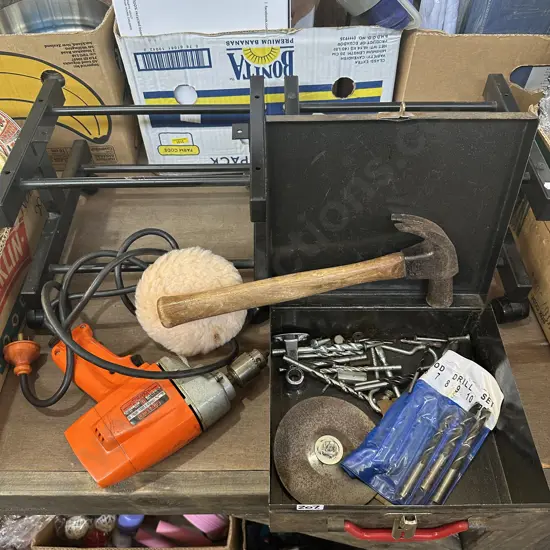 Pair of rolling stands plus metal box and tools.