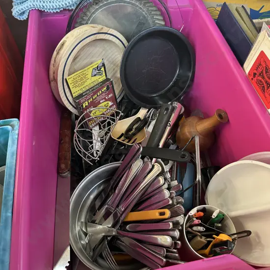 Bin of pots, cutlery and utensils etc.