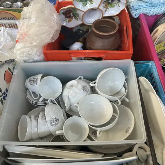 Vege bin full of dinnerware and German dinner set plus bin of pottery etc.