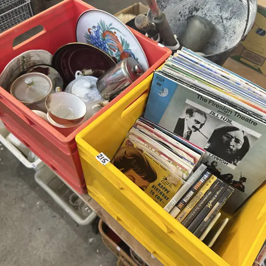 Two bins with LPs, 45s, music DVDs, china etc.
