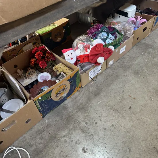 Large bay lot six boxes of assorted items.