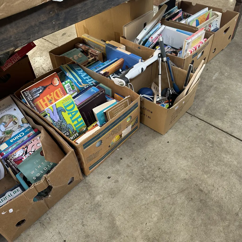 Large bay lot of books including childrens books plus stick blender and utensils etc. Image 1++