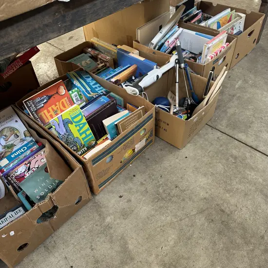 Large bay lot of books including childrens books plus stick blender and utensils etc.