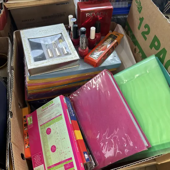 Box of stationary items, fragrance etc.