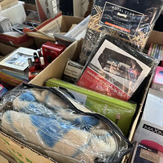Box of new King bed flannelette sheet set,  double duvet cover etc.