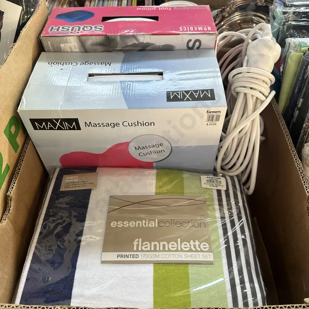 New Queen flannelette sheet set, massage cushions and extension lead. Image 1++