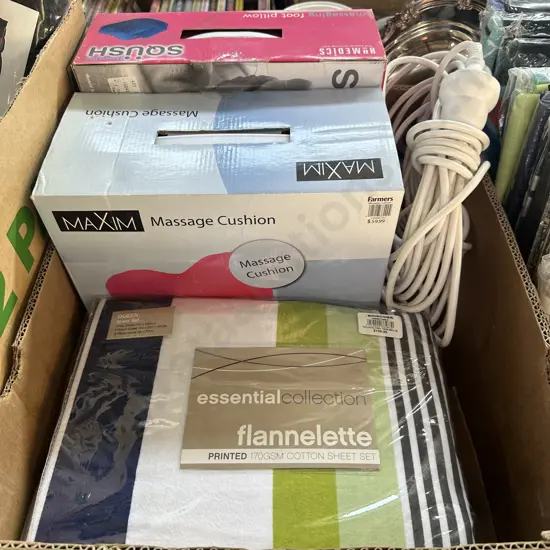 New Queen flannelette sheet set, massage cushions and extension lead.