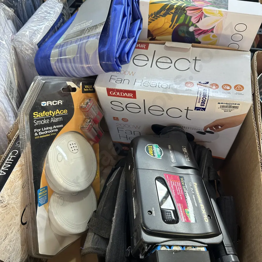 New fan heater, shower curtain, smoke alarms plus puzzle, book and handycam in bag. Image 1++