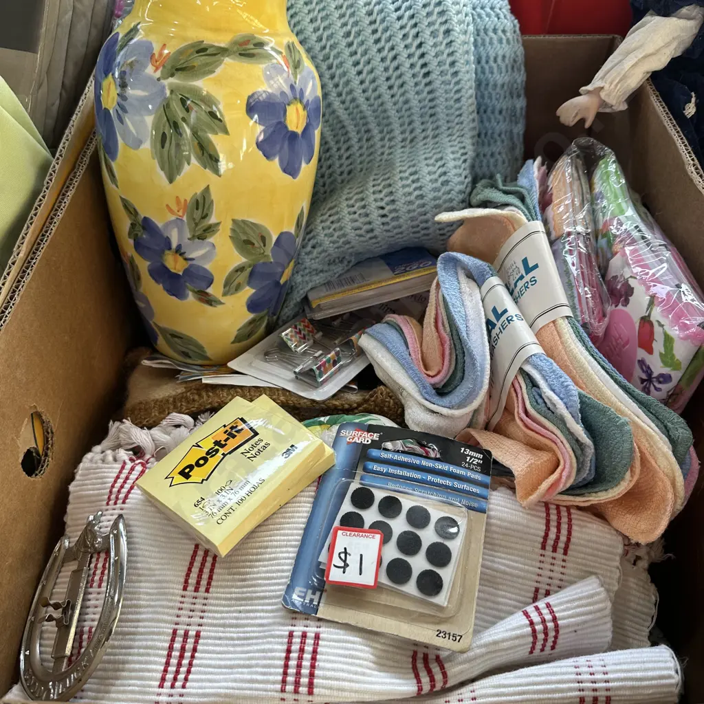 Box of tea towels, crochet blankets, colourful vase etc. Image 1++