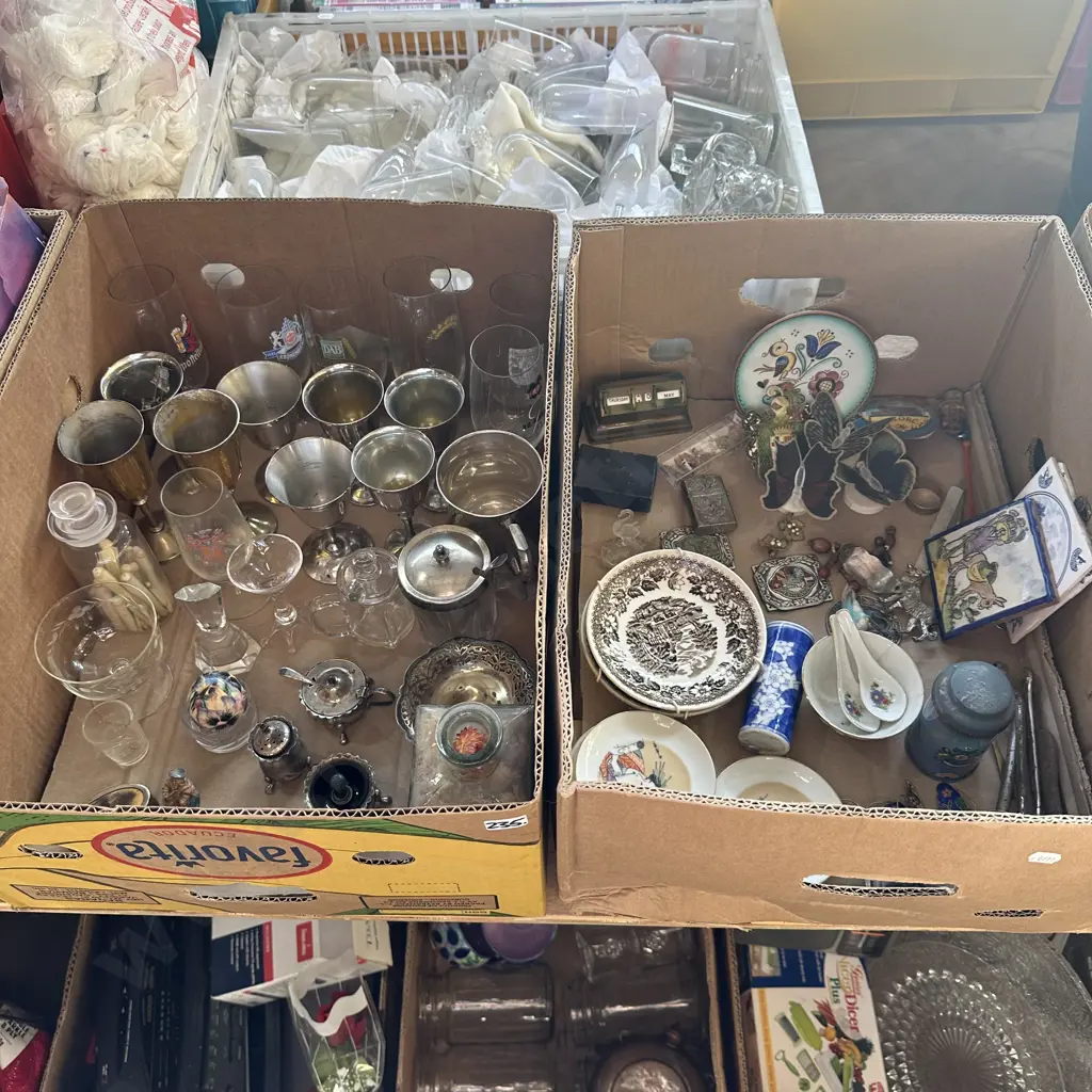Two boxes of assorted items including silver goblets, plates etc. Image 1++