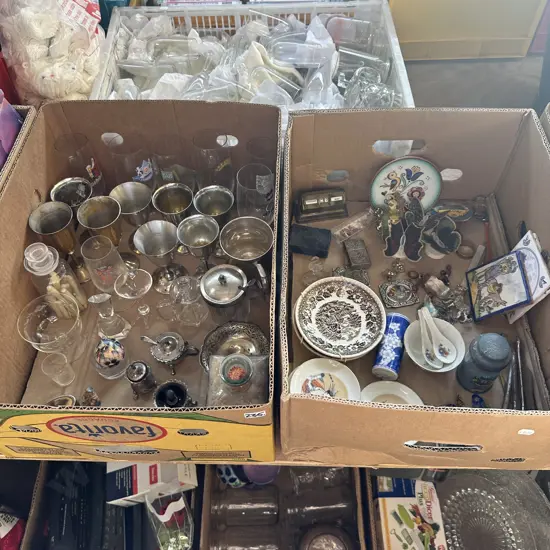 Two boxes of assorted items including silver goblets, plates etc.