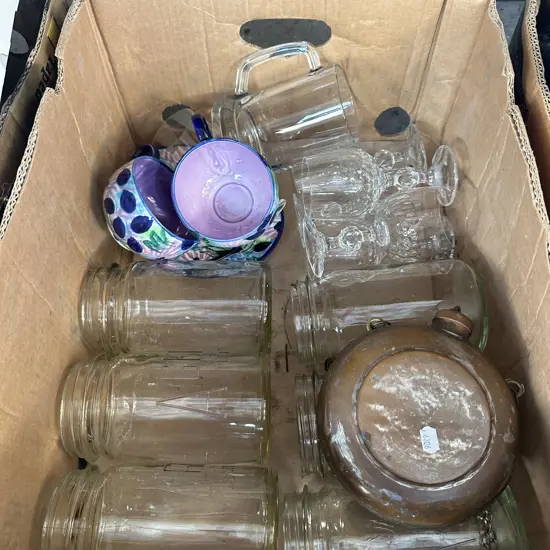 Six Agee jars, copper flask, etc.