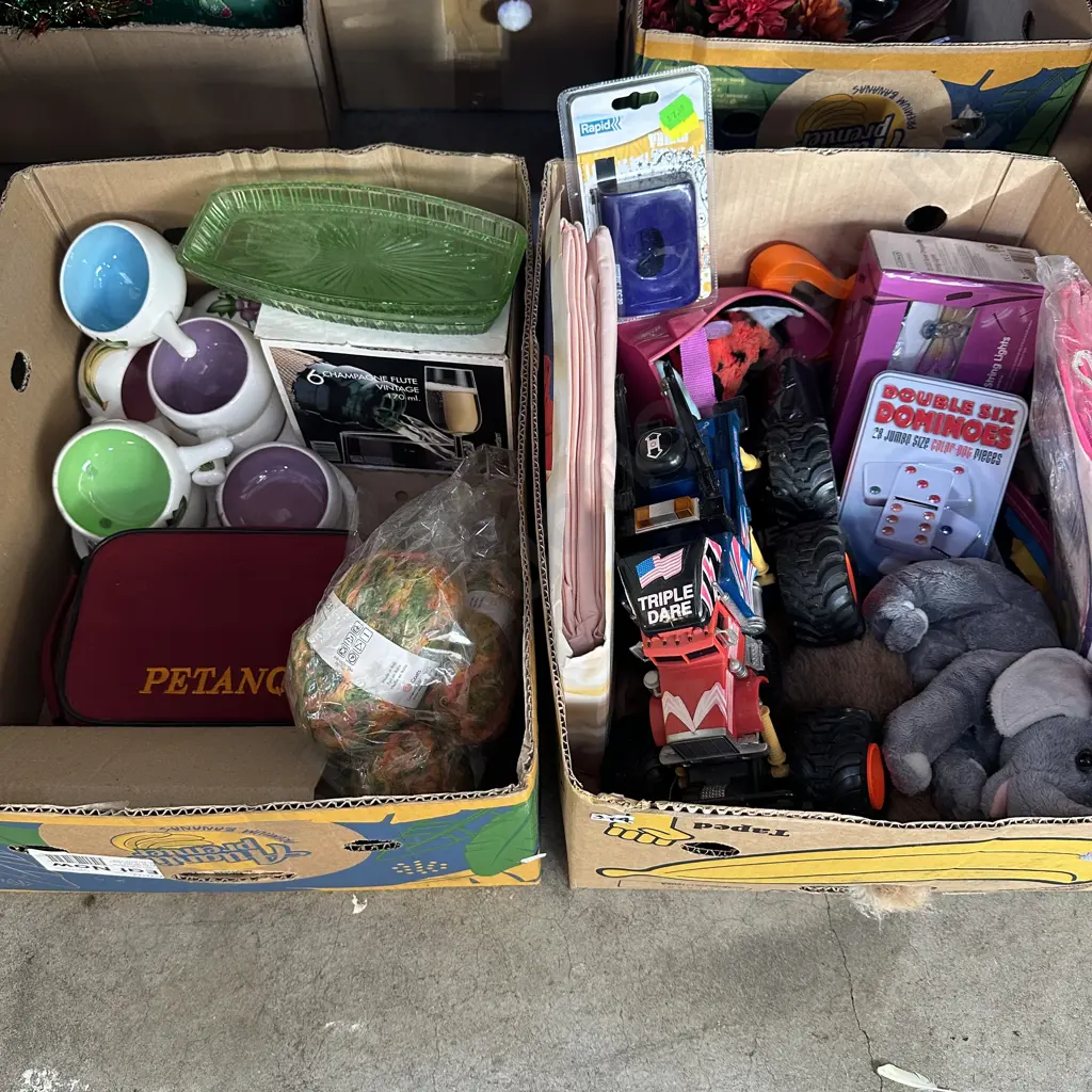 Two boxes Petanque set, toys including Dominoes etc. Image 1++