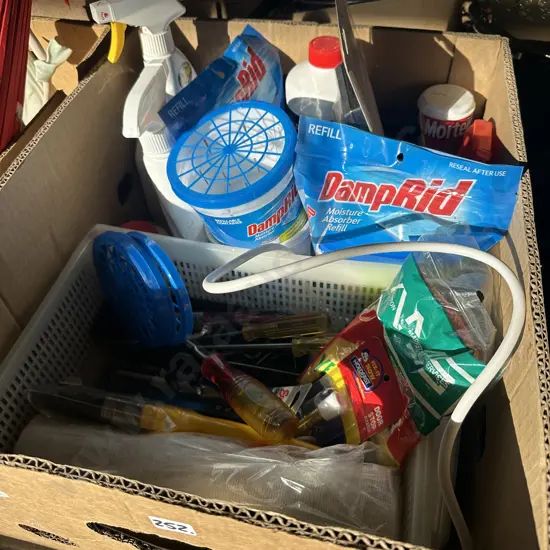 Box of cleaners, tools including Marples chisel and stud finder etc.
