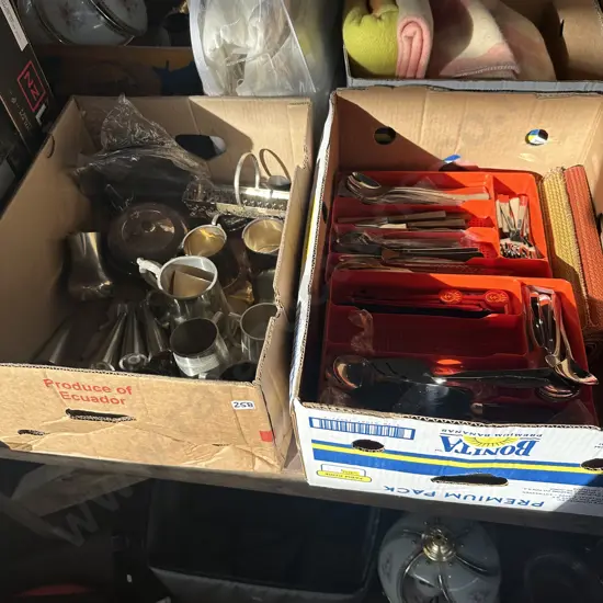Two boxes of cutlery, silver and pewter items etc.