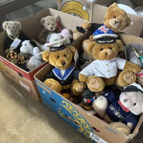 Two boxes of teddy bears, most as new with labels inc Navy bears.