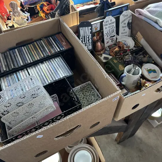 Two boxes CDs, wine signs, copper jugs etc.
