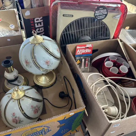 Two boxes Kitchenware, extension lead, touch lamp etc.