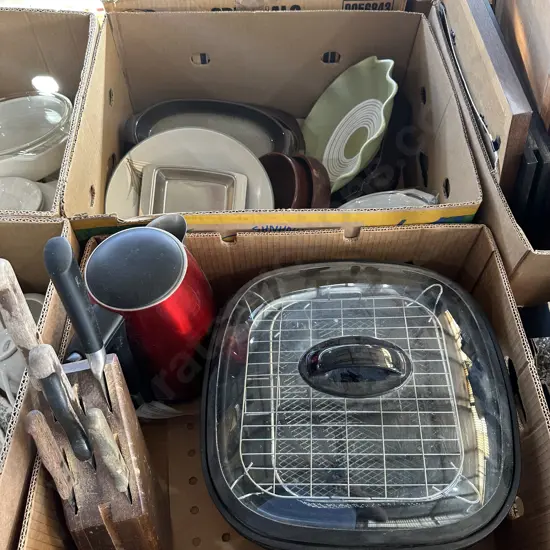 Two boxes multi function cooker, electric jug, Temuka stoneware etc.