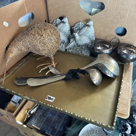 Solid brass tray, silverware, Kiwi art etc.
