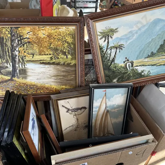 Collection of framed prints, paintings, copper etch map etc.