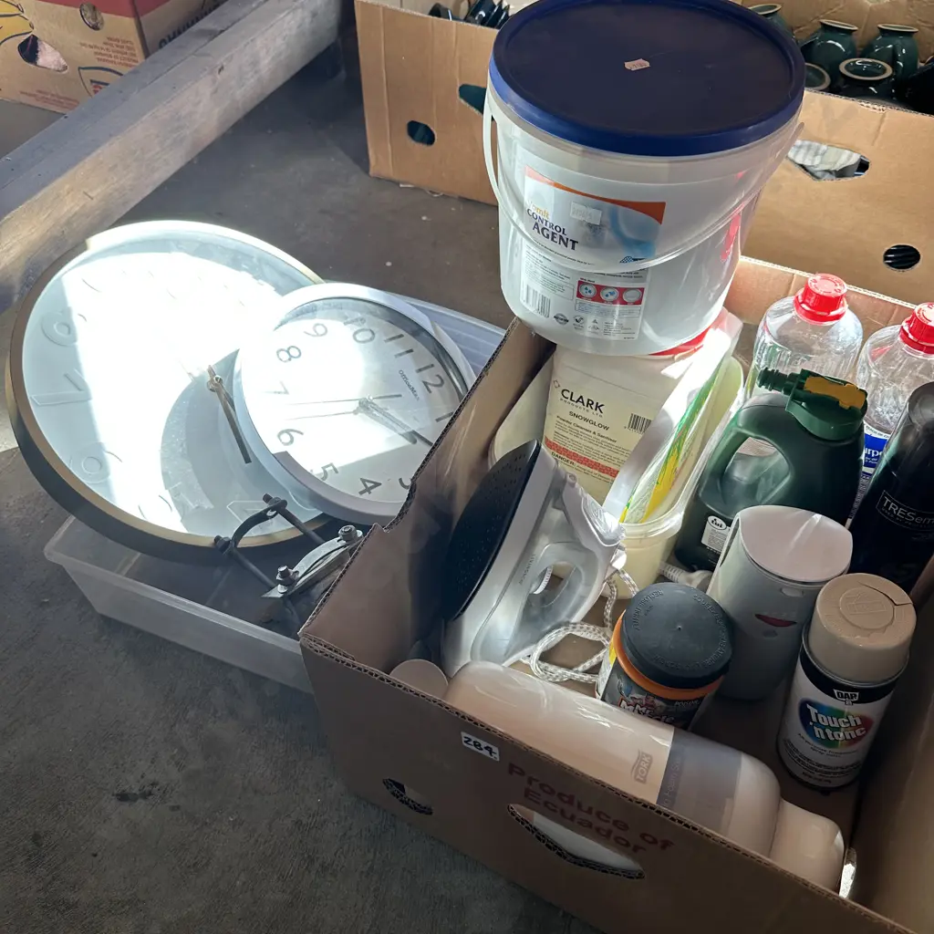 Box of assorted items including clocks and iron etc. Image 1++