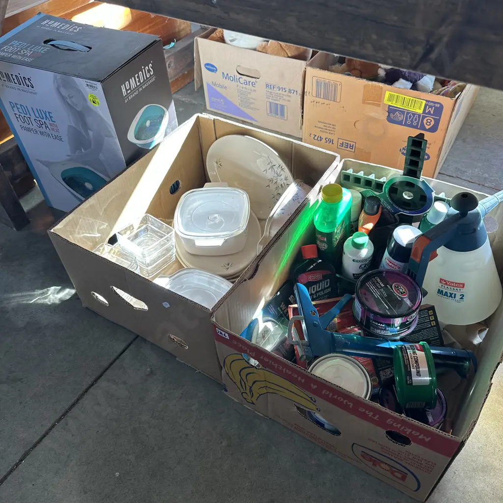 Two boxes car cleaning and polish products, dinnerware and foot spa etc. Image 1++